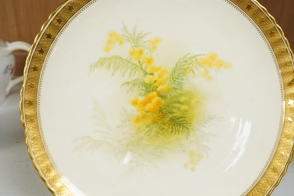 A Mintons yellow floral plate with tooled gilt border, 22cm in diameter